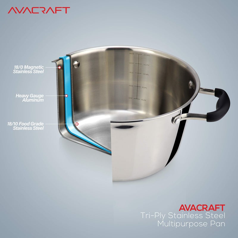 AVACRAFT 18/10 Tri-Ply Stainless Steel Dutch Oven, Chefâ€™s Pan with Glass Lid, Induction Compatible, Multipurpose Stock Pot, 5 Quart - Image 3
